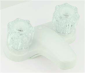 Single Piece 4 Inch Deck-Mount; 2 Clear Crystal Knob Handle; White/ Plastic