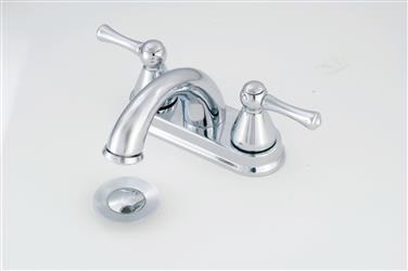 Single Piece 4 Inch Deck Mount; High Arc Spout; 2 Lever Handle; Chrome Plated; With Pop-Up Drain